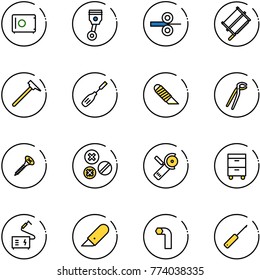 line vector icon set - safe vector, piston, steel rolling, bucksaw, mason hammer, chisel, work knife, plumber, screw, rivet, Angular grinder, tool cabinet, welding, allen key, awl