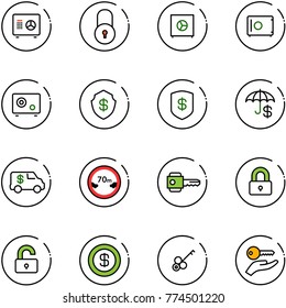 line vector icon set - safe vector, lock, insurance, encashment car, limited distance road sign, key, locked, unlocked, dollar, hand