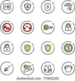 line vector icon set - safe vector, insurance, no horn road sign, limited distance, key, locked, unlocked, shield check, cross, dollar, hand, life vest, protect glass