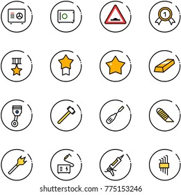 line vector icon set - safe vector, artificial unevenness road sign, gold medal, star, piston, sledgehammer, chisel, work knife, wood drill, welding, gun sealant, allen key set