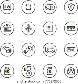 line vector icon set - safe vector, currency, euro dollar, bank, atm, cash, card pay, encashment car, check, money bag, rich, mail