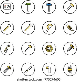 line vector icon set - safe vector, work, hammer, sledgehammer, mason, clamp, knife, plumber, nail, nut, screw, rasp, allen key, set