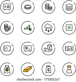 line vector icon set - safe vector, coin, money rain, investment, check, bag, gold, king