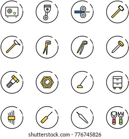 line vector icon set - safe vector, piston, steel rolling, sledgehammer, mason hammer, plumber, nail, bolt, nut, hoe, tool cabinet, allen key set, awl, forceps, shovel fork toy