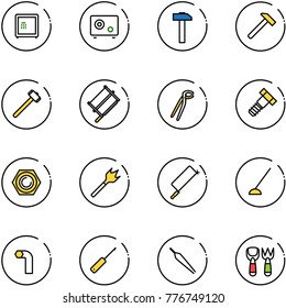 line vector icon set - safe vector, hammer, sledgehammer, bucksaw, plumber, bolt, nut, wood drill, metal hacksaw, hoe, allen key, awl, forceps, shovel fork toy