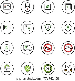 line vector icon set - safe vector, lock, encashment car, no horn road sign, limited distance, unlocked, shield cross, dollar, life vest