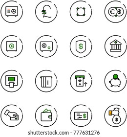 line vector icon set - safe vector, pound, currency, euro dollar, bank, atm, piggy, card pay, wallet, check, rich