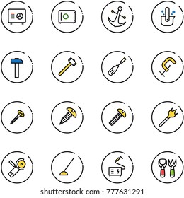 line vector icon set - safe vector, anchor, casting of steel, hammer, sledgehammer, chisel, clamp, screw, wood drill, Angular grinder, hoe, welding, shovel fork toy