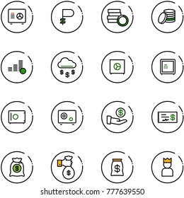 line vector icon set - safe vector, ruble, coin, money rain, investment, check, bag, rich, king