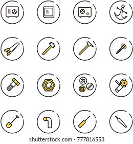 line vector icon set - safe vector, anchor, saw, sledgehammer, mason hammer, screw, bolt, nut, rivet, Angular grinder, shovel, allen key, awl, forceps