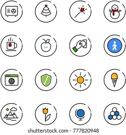 line vector icon set - safe vector, christmas tree, Magic wand, snowman, tea, apple, cash pay, pedestrian way road sign, browser globe, shield, sun, ice cream, mountains, tulip, billiards balls