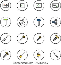 line vector icon set - safe vector, work, anchor, hammer, steel rolling, chisel, nail, screw, shovel, allen key set, forceps