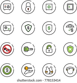 line vector icon set - safe vector, lock, insurance, no horn road sign, key, unlocked, shield cross, dollar, hand, life vest, protect glass