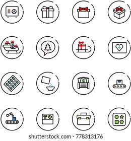 line vector icon set - safe vector, gift, santa sleigh, merry christmas message, first aid kit, pills blister, cereal, money chest, conveyor, tool box, cube hole toy