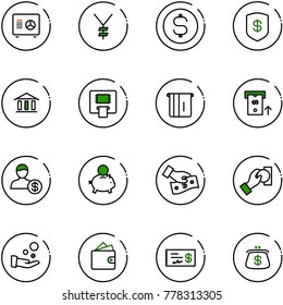 line vector icon set - safe vector, yen, dollar coin, bank, atm, account, piggy, cash pay, wallet, check, purse