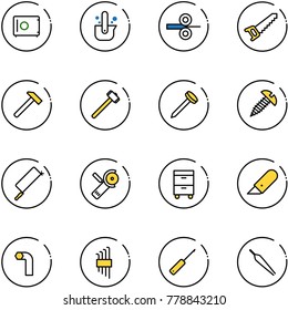 line vector icon set - safe vector, casting of steel, rolling, saw, hammer, sledgehammer, nail, screw, metal hacksaw, Angular grinder, tool cabinet, work knife, allen key, set, awl, forceps