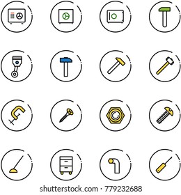 line vector icon set - safe vector, work, piston, hammer, sledgehammer, clamp, screw, nut, hoe, tool cabinet, allen key, awl