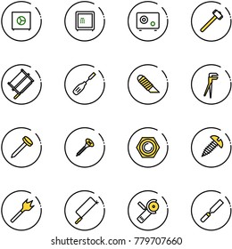 line vector icon set - safe vector, sledgehammer, bucksaw, chisel, work knife, plumber, nail, screw, nut, wood drill, metal hacksaw, Angular grinder, rasp