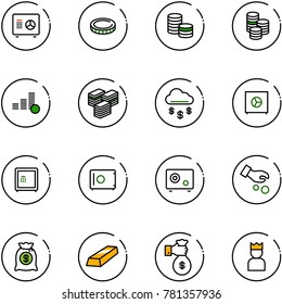 line vector icon set - safe vector, coin, big cash, money rain, investment, bag, gold, rich, king