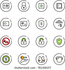 line vector icon set - safe vector, lock, insurance, no horn road sign, locked, unlocked, shield check, dollar, key hand, life vest, protect glass