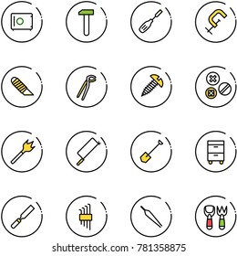 line vector icon set - safe vector, work, chisel, clamp, knife, plumber, screw, rivet, wood drill, metal hacksaw, shovel, tool cabinet, rasp, allen key set, forceps, fork toy