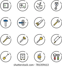 line vector icon set - safe vector, anchor, piston, hammer, steel rolling, saw, sledgehammer, mason, nail, wood drill, metal hacksaw, shovel, tool cabinet, allen key set, fork toy