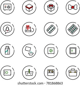 line vector icon set - safe vector, gift, bow, merry christmas message, sleigh, pills blister, milk, cereal, basket, tool box