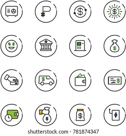 line vector icon set - safe vector, ruble, dollar exchange, sun, smile, bank, atm, money bag, card pay, encashment car, wallet, check, time, rich, power