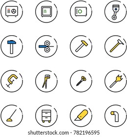 line vector icon set - safe vector, piston, hammer, steel rolling, mason, clamp, plumber, screw, wood drill, hoe, tool cabinet, work knife, allen key