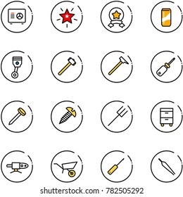 line vector icon set - safe vector, christmas star, medal, drink, piston, sledgehammer, mason hammer, screwdriver, nail, screw, farm fork, tool cabinet, pipe welding, wheelbarrow, awl, forceps