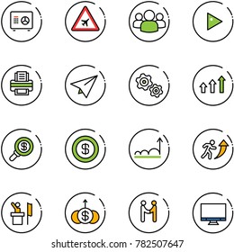 line vector icon set - safe vector, airport road sign, group, play, printer, paper plane, gears, arrows up, search money, dollar, growth, career, speaker, agreement, monitor