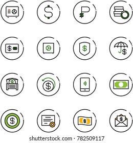 line vector icon set - safe vector, dollar sign, ruble, coin, credit card, insurance, money chest, back, mobile payment, certificate, mail