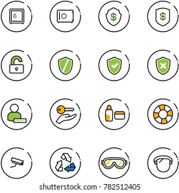 line vector icon set - safe vector, unlocked, shield, check, cross, user password, key hand, uv cream, lifebuoy, surveillance camera, recycling, protective glasses, protect glass