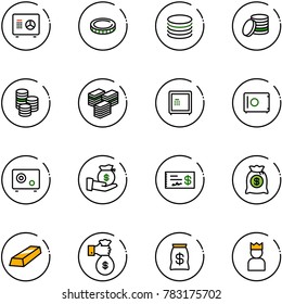 line vector icon set - safe vector, coin, big cash, investment, check, money bag, gold, rich, king