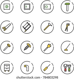 line vector icon set - safe vector, work, saw, bucksaw, mason hammer, plumber, nail, screw, wood drill, hoe, tool cabinet, allen key, awl, shovel fork toy