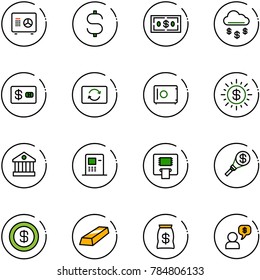 line vector icon set - safe vector, dollar sign, money rain, credit card, exchange, sun, bank, atm, torch, gold, bag, dialog