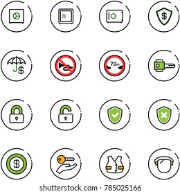 line vector icon set - safe vector, insurance, no horn road sign, limited distance, key, locked, unlocked, shield check, cross, dollar, hand, life vest, protect glass
