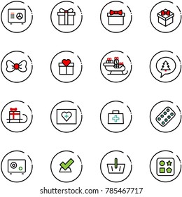 line vector icon set - safe vector, gift, bow, santa sleigh, merry christmas message, first aid kit, doctor bag, pills blister, check, basket, cube hole toy