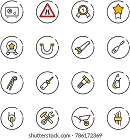 line vector icon set - safe vector, Road narrows sign, gold medal, star, luck, saw, chisel, plumber, screwdriver, bolt, winch, wrench hammer, wheelbarrow, allen key set