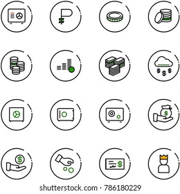 line vector icon set - safe vector, ruble, coin, big cash, money rain, investment, check, king