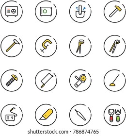 line vector icon set - safe vector, casting of steel, hammer, mason, clamp, plumber, screw, metal hacksaw, Angular grinder, hoe, welding, work knife, forceps, shovel fork toy