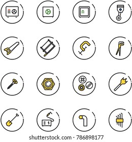 line vector icon set - safe vector, piston, saw, bucksaw, clamp, plumber, screw, nut, rivet, wood drill, shovel, welding, allen key, set