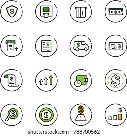 line vector icon set - safe vector, atm, cash, account statement, encashment car, check, history, arrows up, wallet time, dollar, search money, chart