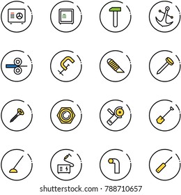 line vector icon set - safe vector, work, anchor, steel rolling, clamp, knife, nail, screw, nut, Angular grinder, shovel, hoe, welding, allen key, awl