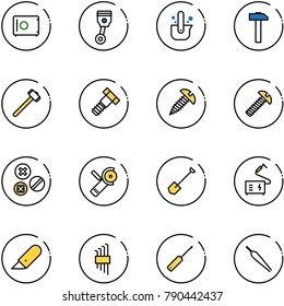 line vector icon set - safe vector, piston, casting of steel, hammer, sledgehammer, bolt, screw, rivet, Angular grinder, shovel, welding, work knife, allen key set, awl, forceps