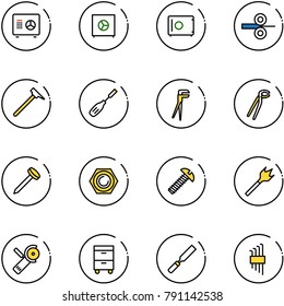 line vector icon set - safe vector, steel rolling, mason hammer, chisel, plumber, nail, nut, screw, wood drill, Angular grinder, tool cabinet, rasp, allen key set