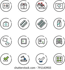 line vector icon set - safe vector, gift, santa sleigh, first aid kit, doctor bag, pills blister, milk, cereal, money chest, check, conveyor, cube hole toy