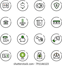 juego de iconos vectoriales de línea - vector seguro, signo de dólar, euro, banco, atm, efectivo, cerdo, pago de tarjeta, cheque, árbol de dinero, bolsa, correo