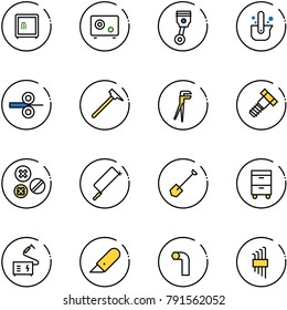 line vector icon set - safe vector, piston, casting of steel, rolling, mason hammer, plumber, bolt, rivet, metal hacksaw, shovel, tool cabinet, welding, work knife, allen key, set