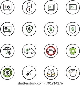 line vector icon set - safe vector, lock, insurance, encashment car, limited distance road sign, shield cross, dollar, key, life vest, protect glass